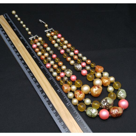 Vintage Japan Art Bead Necklace, Three Strands, 1950s, 17" - Picture 9 of 10